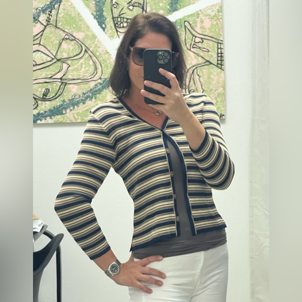 St. John Sport cream tan blue button down cardigan small